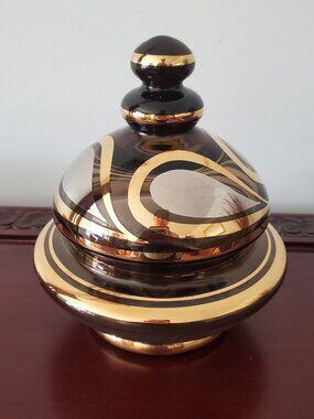 Vintage Mid-Century Bohemian Czech Glass Lidded Candy Bowl Silver & Gold Gild
